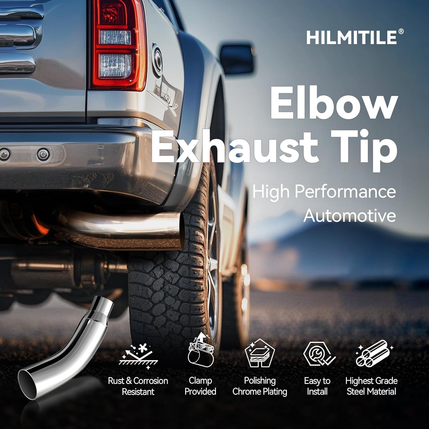 Exhaust Tip, 5 Inch Diesel Exhaust Tip Elbow Tip with a Clamp, 5'' Inlet 8'' Outlet Chrome Exhaust Tip for Pickups, Trucks and Cars